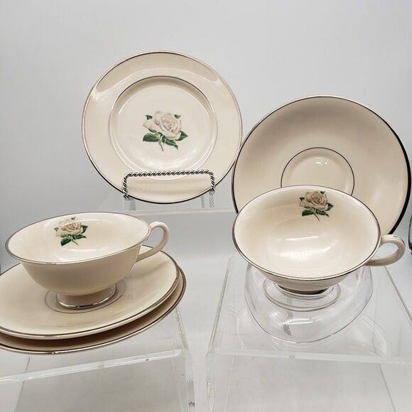 Vintage Magna Tea Setting for 2 White Rose Platinum Trim Manufactured in USA - Picture 1 of 10